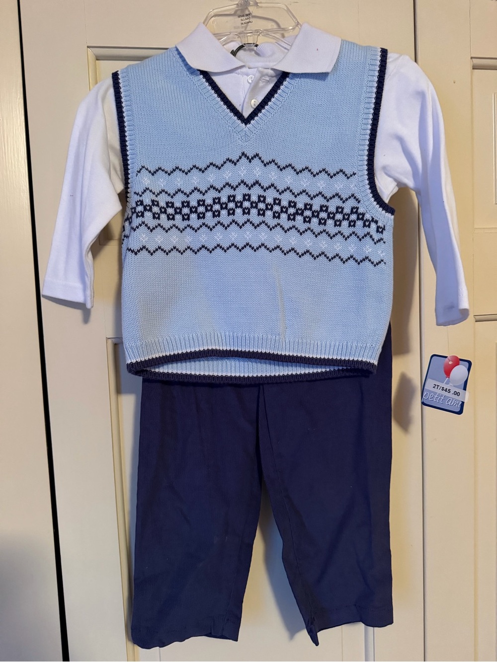 Petit Ami Light Blue Knit Vest with Navy Trim and Navy Pants